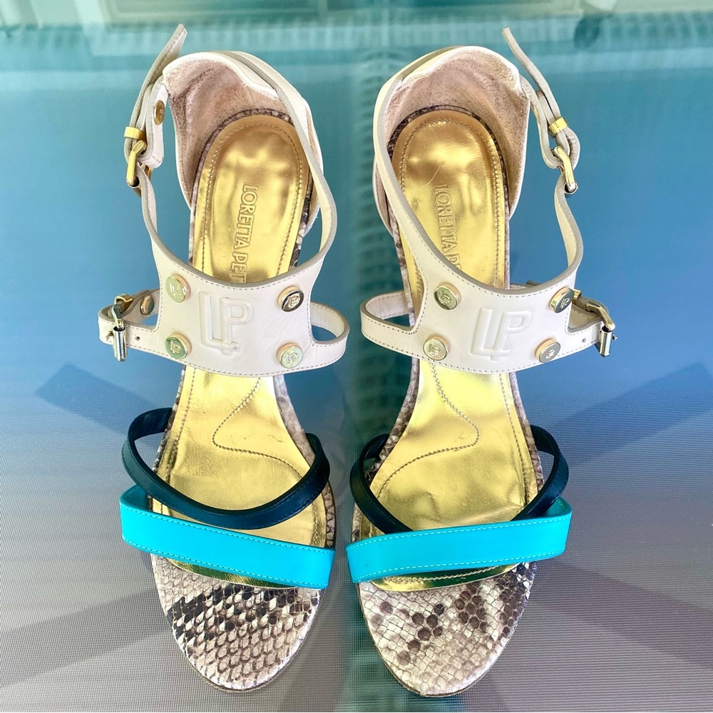 🇮🇹Loretta Pettinari, Italy 38. Turquoise Blue & Cream Strappy Wedge Sandals. 38 - Picture 6 of 16